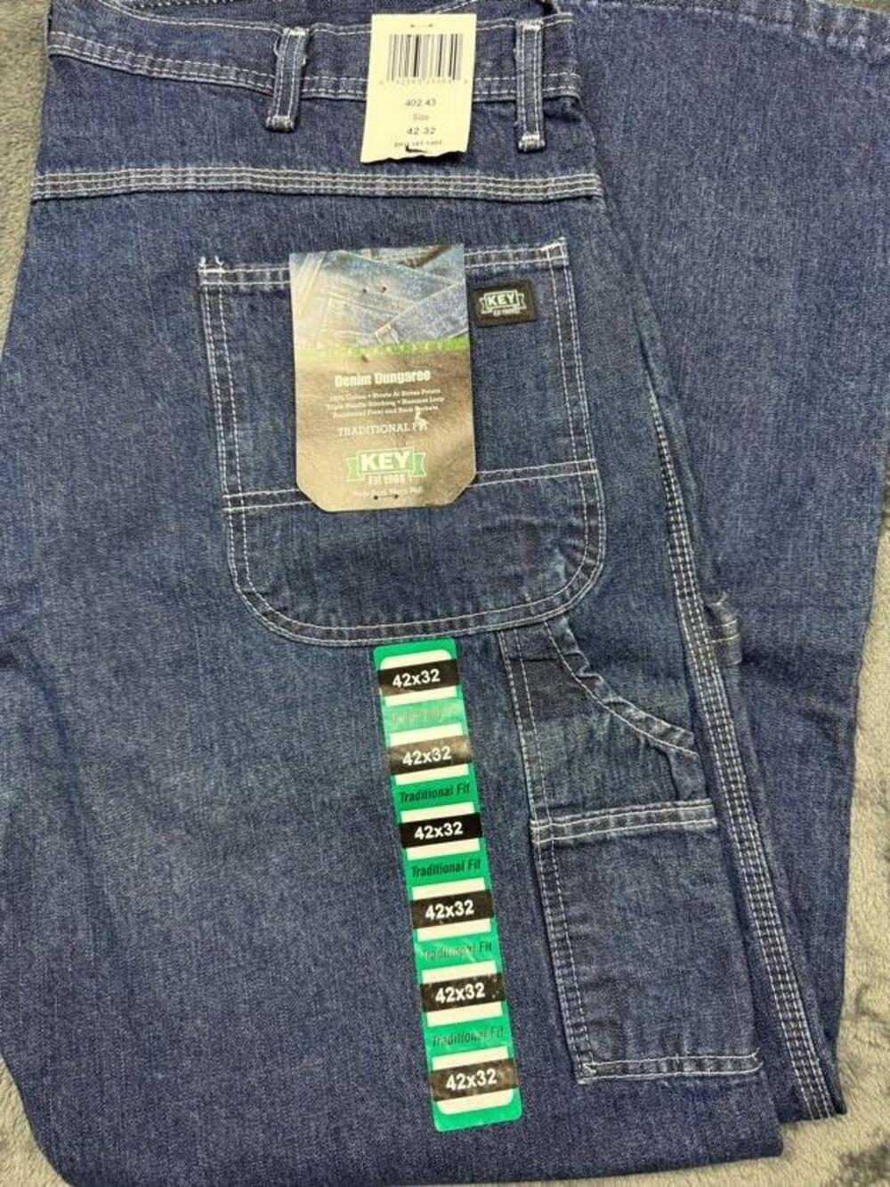 Key Denim Dungaree Jeans Mens 42x32 Blue Med Wash Traditional Fit Work Denim